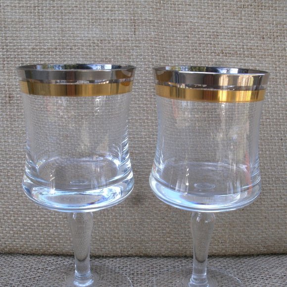 Vintage Krosno Silver & Gold Band Wine Glass Set of 2 - Picture 3 of 16